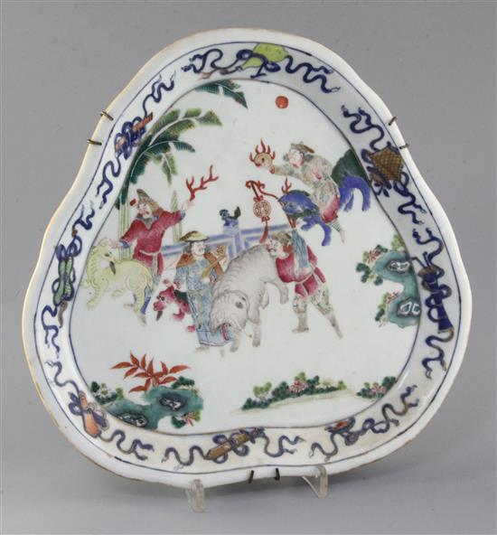 A Chinese famille rose foreign ambassadors dish, Qianlong - Jiaqing period, width 29.5cm